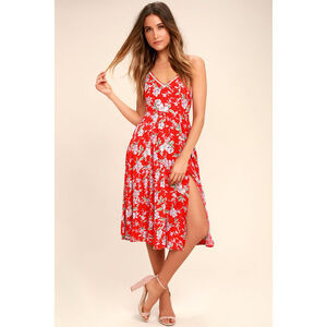 Lulus Esperanza Red Floral Print Midi Dress - Size S